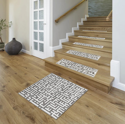 Water Oak - Low Pile Gray/White Authentic Turkish Carpet Stair Tread Rugs Premium Quality Non Slip